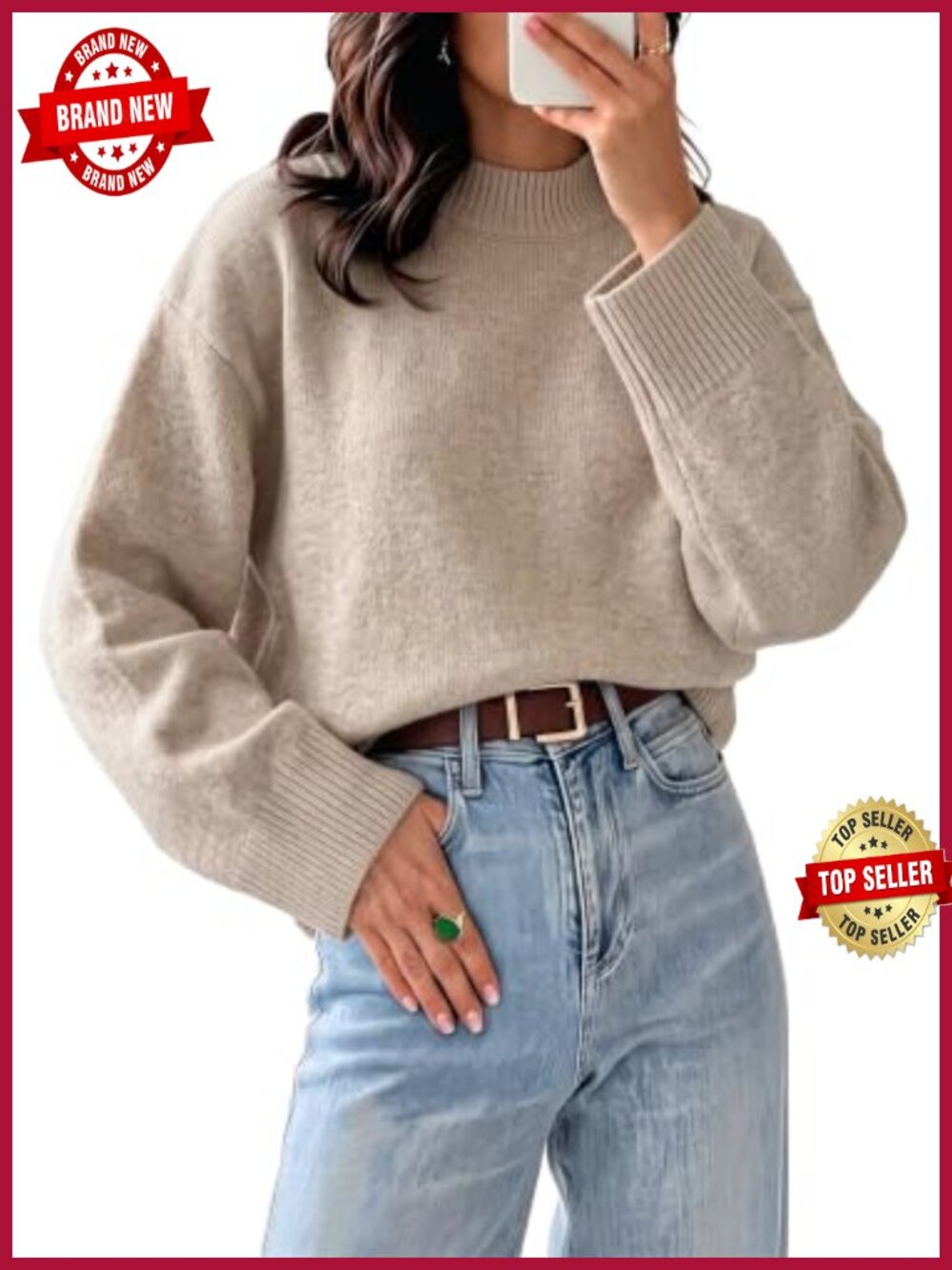 Oversized Mock Neck Batwing Sleeve Knit Pullover Sweater